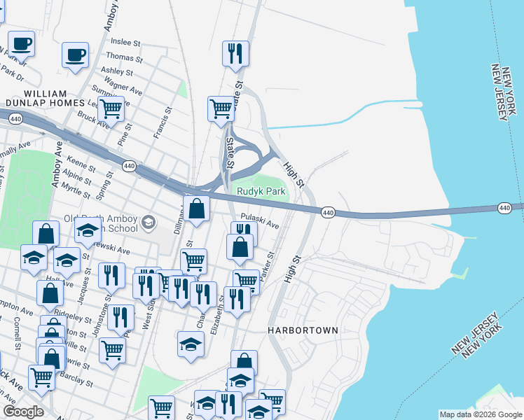 map of restaurants, bars, coffee shops, grocery stores, and more near 800 Central Place in Perth Amboy