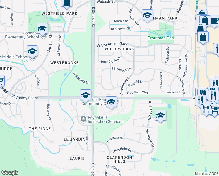 map of restaurants, bars, coffee shops, grocery stores, and more near 4533 Starflower Drive in Fort Collins