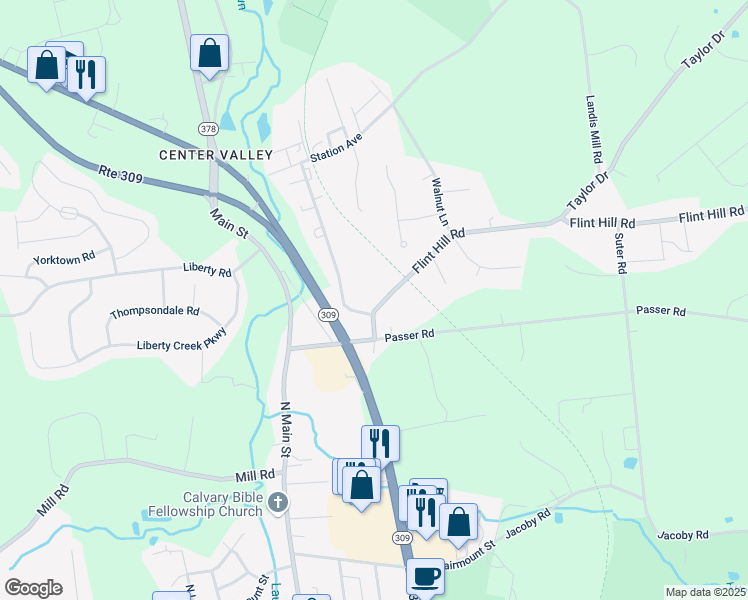 map of restaurants, bars, coffee shops, grocery stores, and more near 3715 Flint Hill Road in Coopersburg