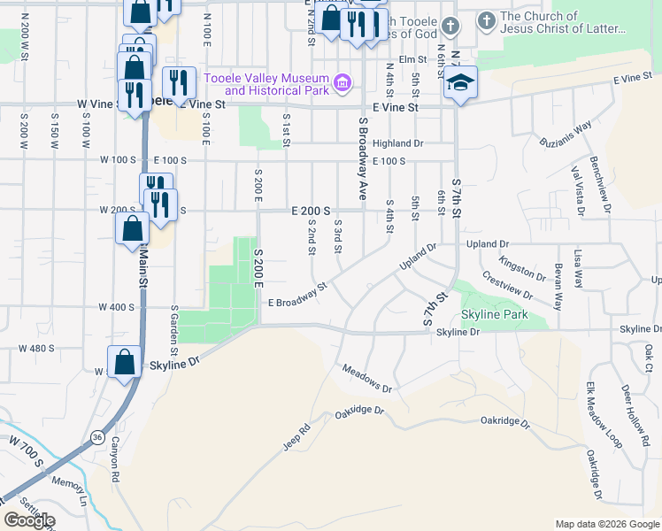 map of restaurants, bars, coffee shops, grocery stores, and more near 325 South 2nd Street in Tooele