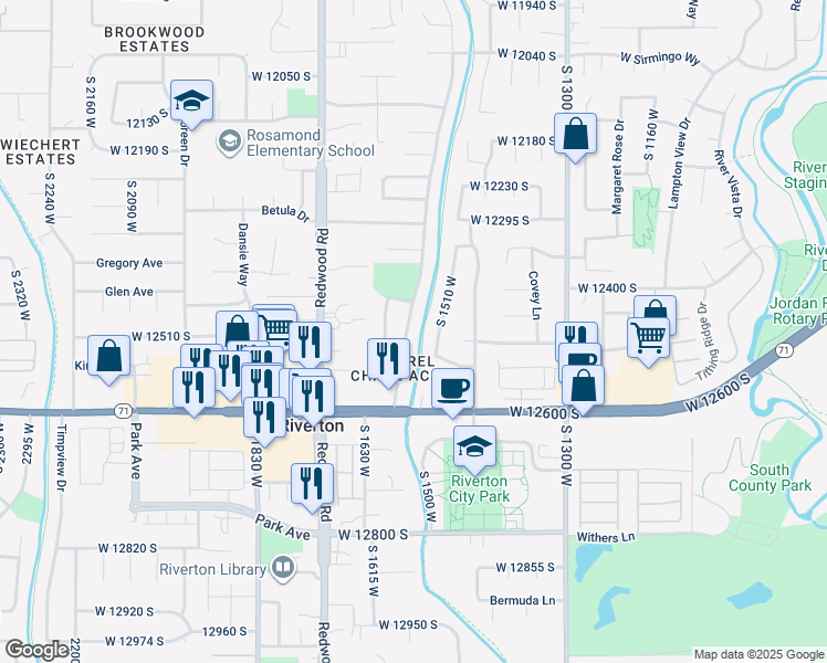 map of restaurants, bars, coffee shops, grocery stores, and more near 12467 Laurel Chase Drive in Riverton