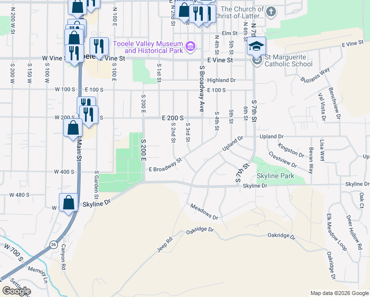 map of restaurants, bars, coffee shops, grocery stores, and more near 304 South 3rd Street in Tooele