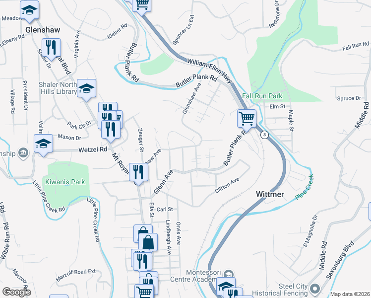 map of restaurants, bars, coffee shops, grocery stores, and more near 1499 Wood Avenue in Glenshaw