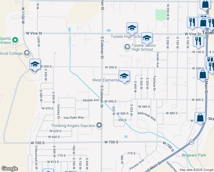 map of restaurants, bars, coffee shops, grocery stores, and more near 328 Isgreen Circle in Tooele