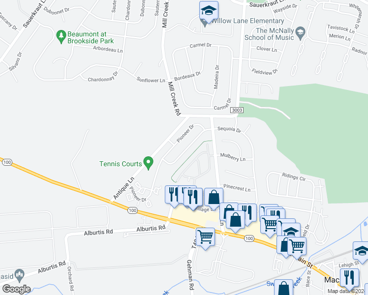 map of restaurants, bars, coffee shops, grocery stores, and more near 2827 Sequoia Drive in Macungie