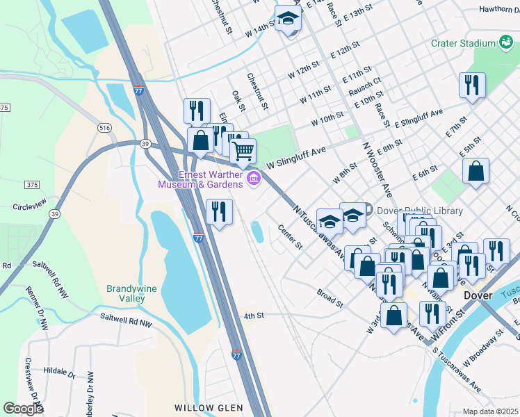map of restaurants, bars, coffee shops, grocery stores, and more near 331 West 9th Street in Dover