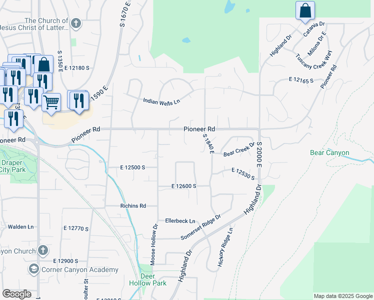 map of restaurants, bars, coffee shops, grocery stores, and more near 1807 Deer Canyon Lane in Draper