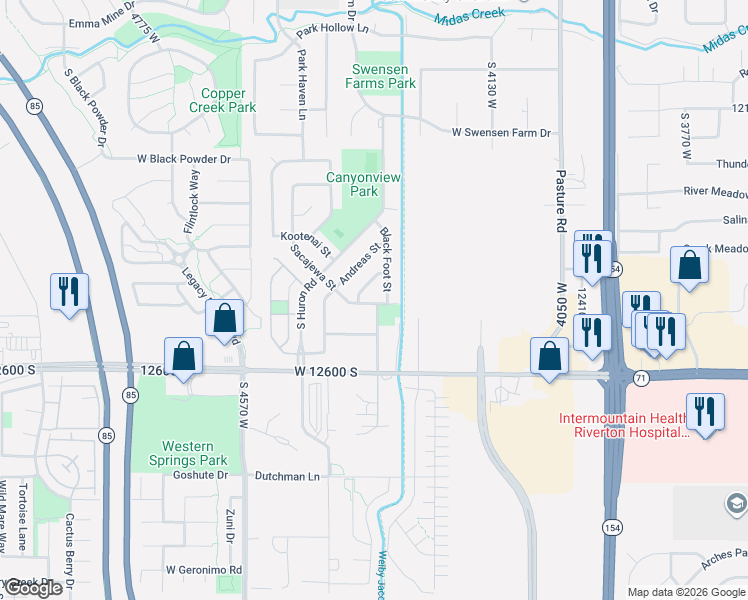 map of restaurants, bars, coffee shops, grocery stores, and more near 4342 West Harvest Creek Way in Riverton