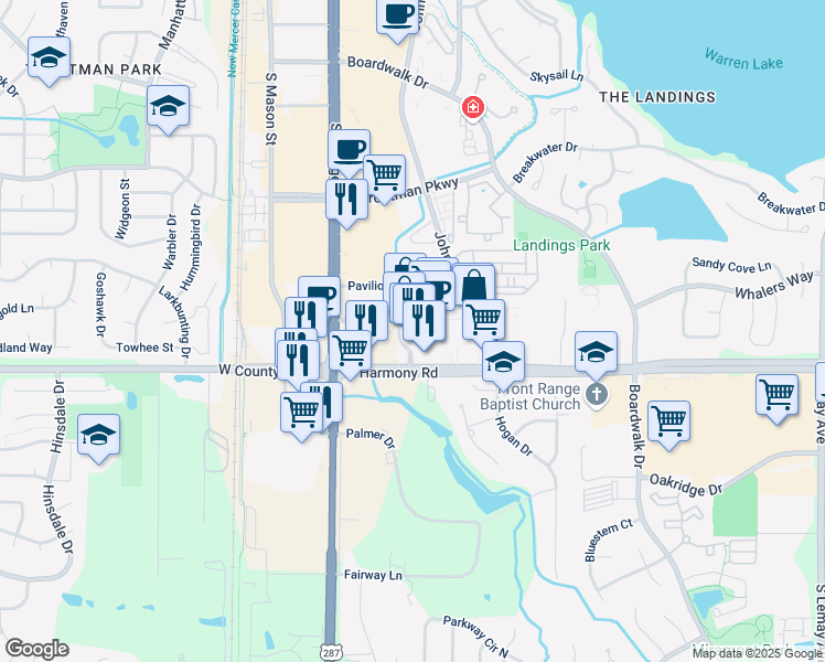 map of restaurants, bars, coffee shops, grocery stores, and more near 398 E Harmony Rd in Fort Collins