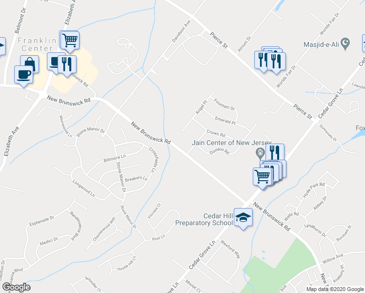 map of restaurants, bars, coffee shops, grocery stores, and more near 734 New Brunswick Road in Franklin Township