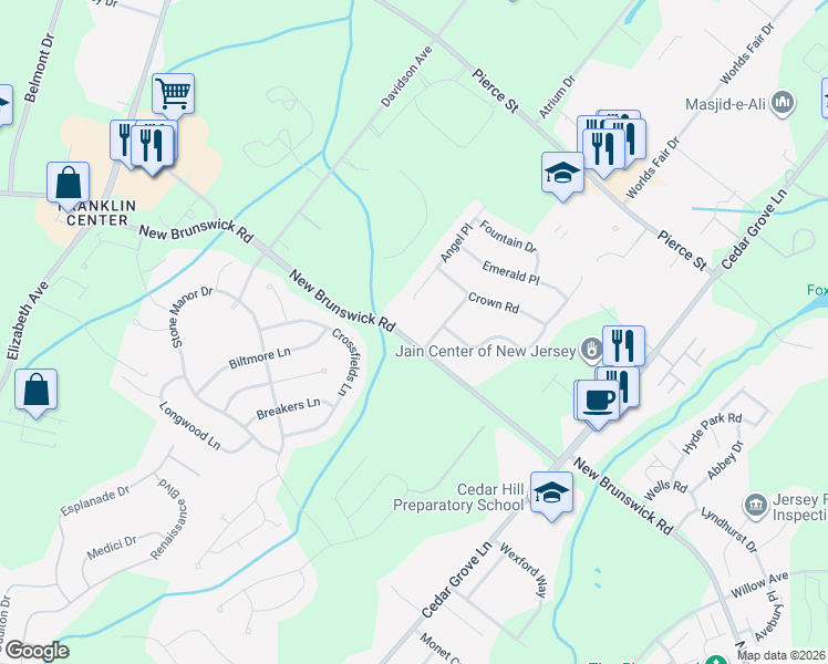 map of restaurants, bars, coffee shops, grocery stores, and more near 734 New Brunswick Road in Franklin Township
