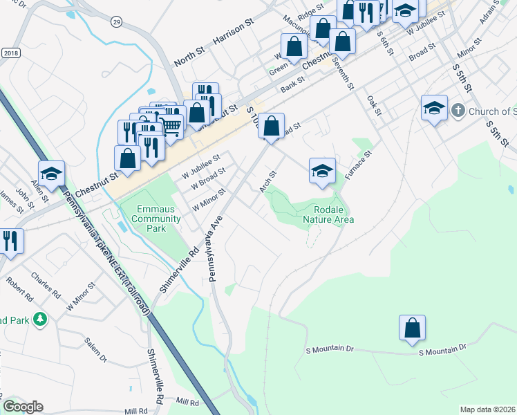 map of restaurants, bars, coffee shops, grocery stores, and more near 307 Delong Avenue in Emmaus