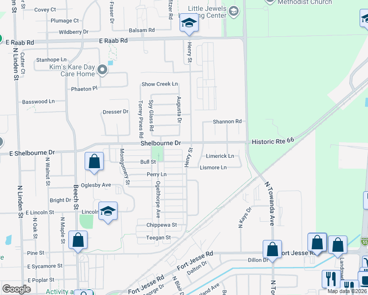map of restaurants, bars, coffee shops, grocery stores, and more near 1404 Henry Street in Normal