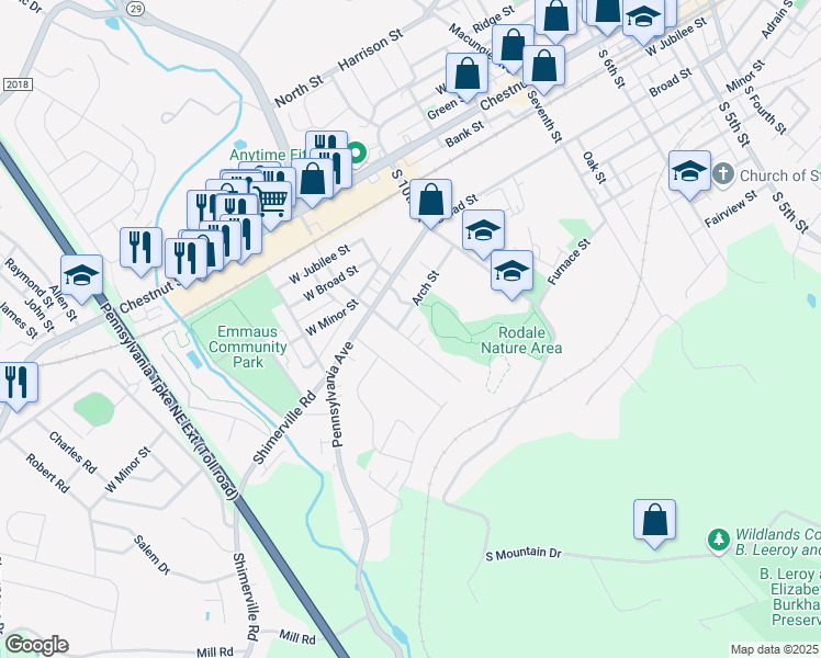 map of restaurants, bars, coffee shops, grocery stores, and more near 305 South Twelfth Street in Emmaus