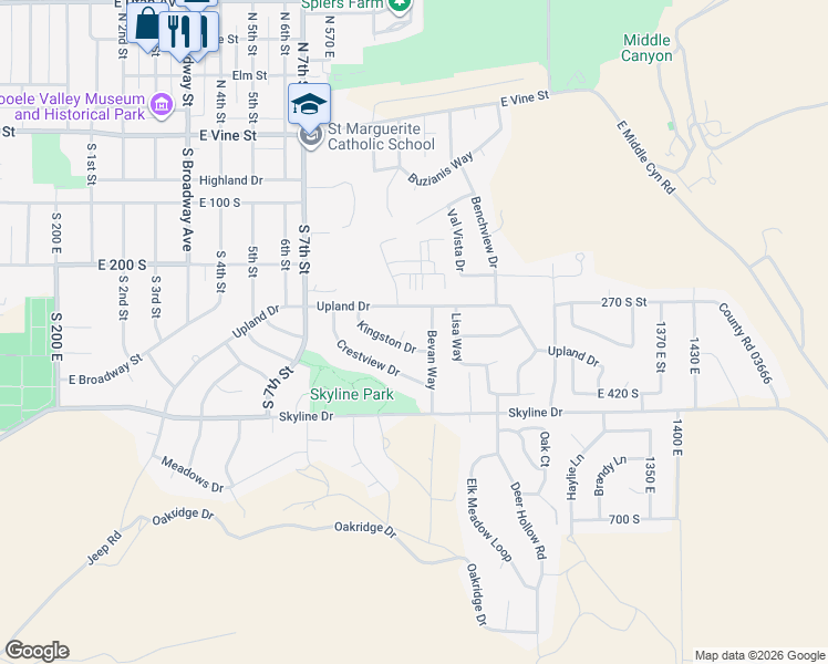 map of restaurants, bars, coffee shops, grocery stores, and more near 693 Kingston Circle in Tooele