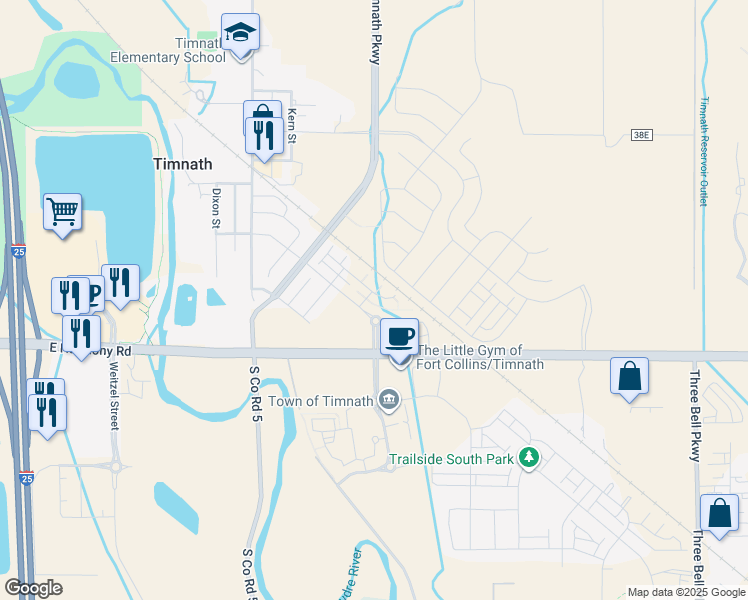 map of restaurants, bars, coffee shops, grocery stores, and more near 5300-5382 East Harmony Road in Timnath