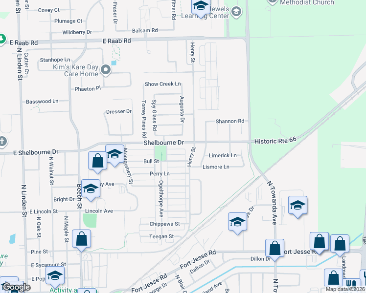 map of restaurants, bars, coffee shops, grocery stores, and more near 1108 Bull Street in Normal