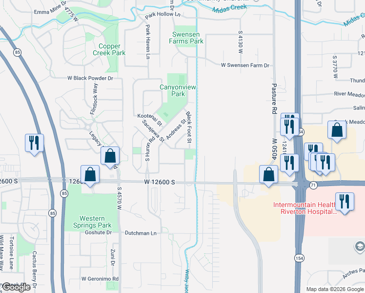 map of restaurants, bars, coffee shops, grocery stores, and more near 4338 Sacajewa Street in Riverton