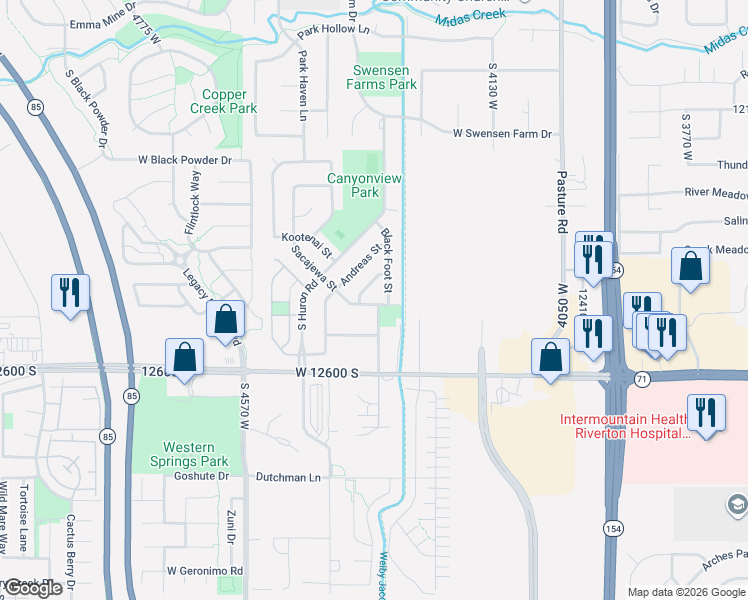 map of restaurants, bars, coffee shops, grocery stores, and more near 4342 West Harvest Creek Way in Riverton