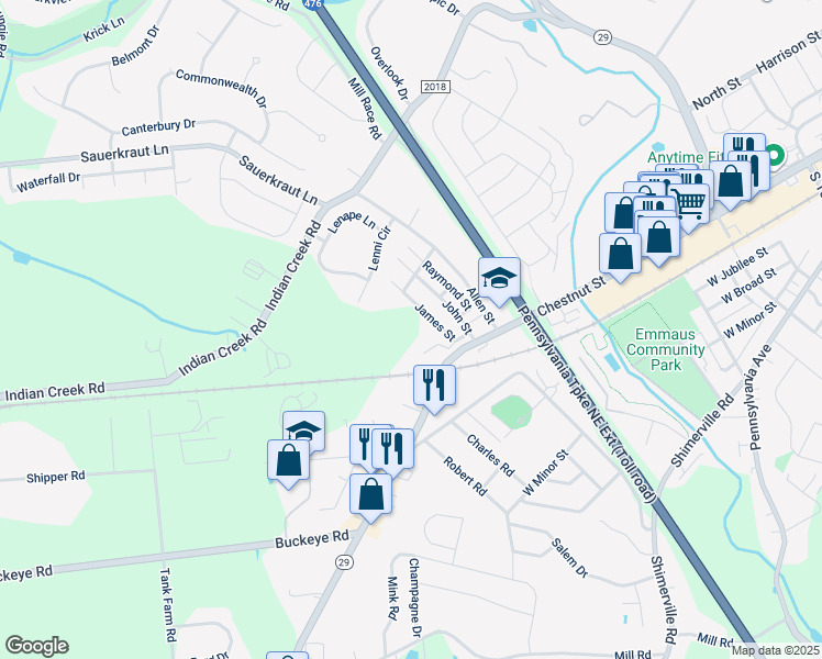 map of restaurants, bars, coffee shops, grocery stores, and more near 3745 James Street in Emmaus