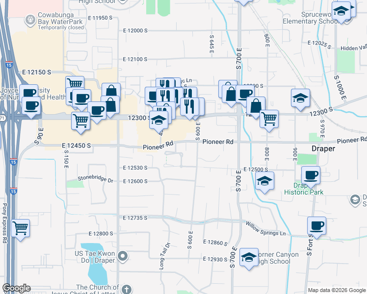 map of restaurants, bars, coffee shops, grocery stores, and more near 527 Pioneer Road in Draper