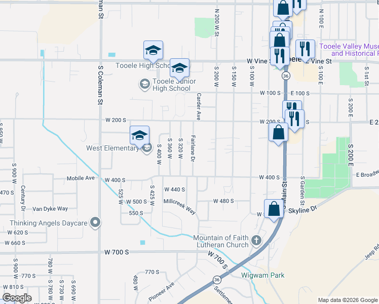 map of restaurants, bars, coffee shops, grocery stores, and more near 324 Fairlane Drive in Tooele