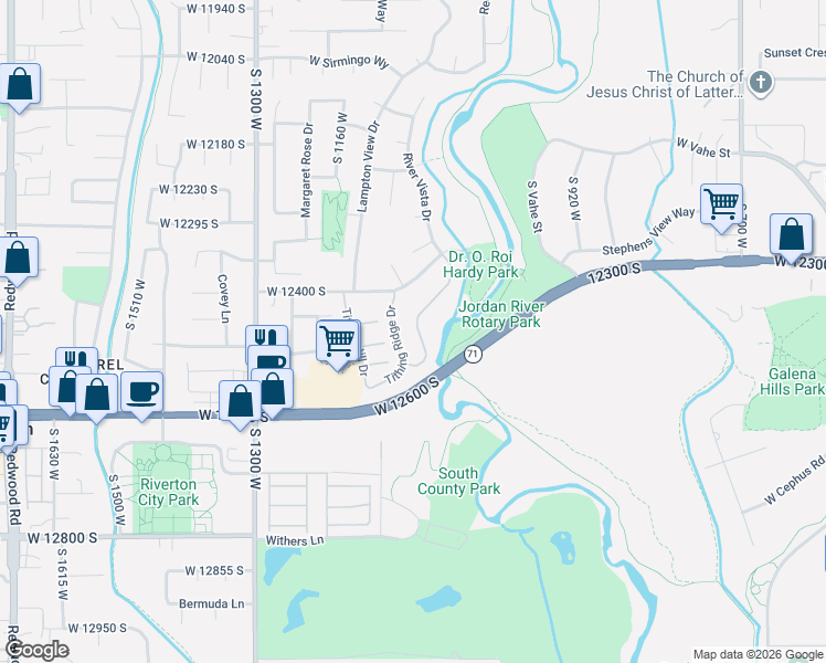 map of restaurants, bars, coffee shops, grocery stores, and more near 12482 Tithing Point Drive in Riverton