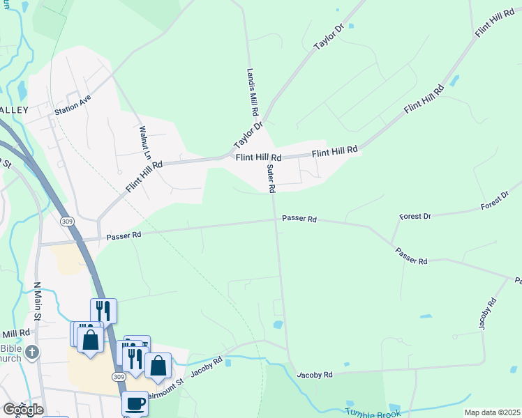 map of restaurants, bars, coffee shops, grocery stores, and more near 7000 Suter Road in Coopersburg