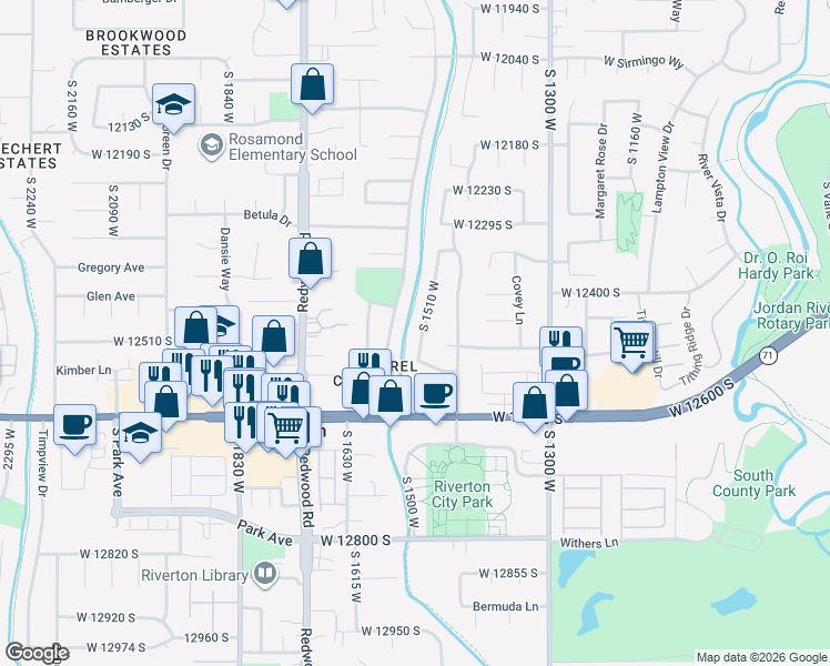 map of restaurants, bars, coffee shops, grocery stores, and more near 12468 South 1510 West in Riverton