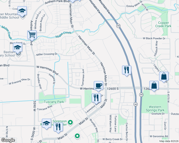 map of restaurants, bars, coffee shops, grocery stores, and more near 5157 W Vibrato Street in Herriman