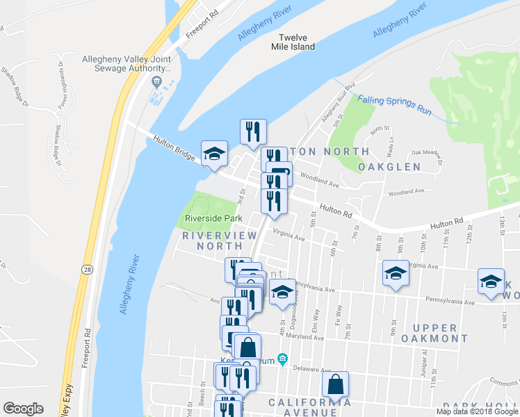map of restaurants, bars, coffee shops, grocery stores, and more near 833 Allegheny Avenue in Oakmont
