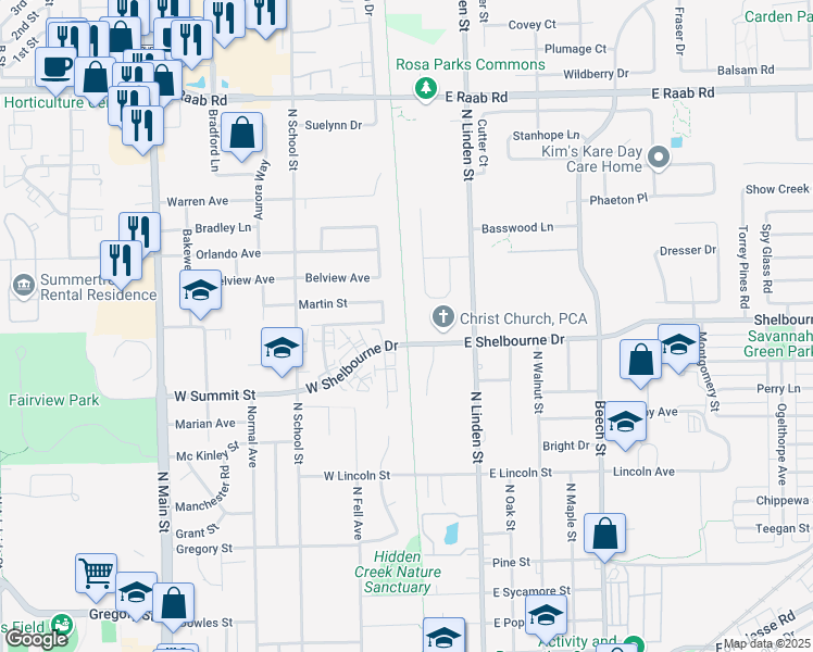 map of restaurants, bars, coffee shops, grocery stores, and more near Constitution Trail in Normal