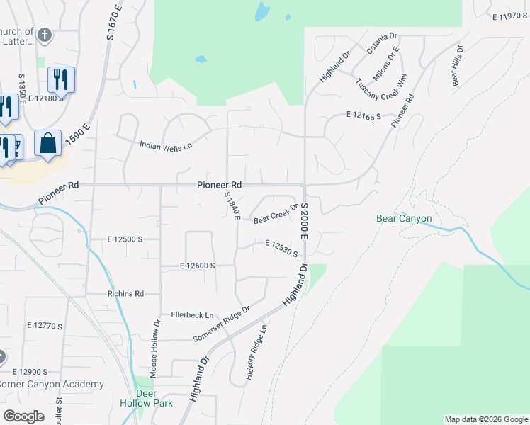 map of restaurants, bars, coffee shops, grocery stores, and more near 1927 Bear Creek Drive in Draper