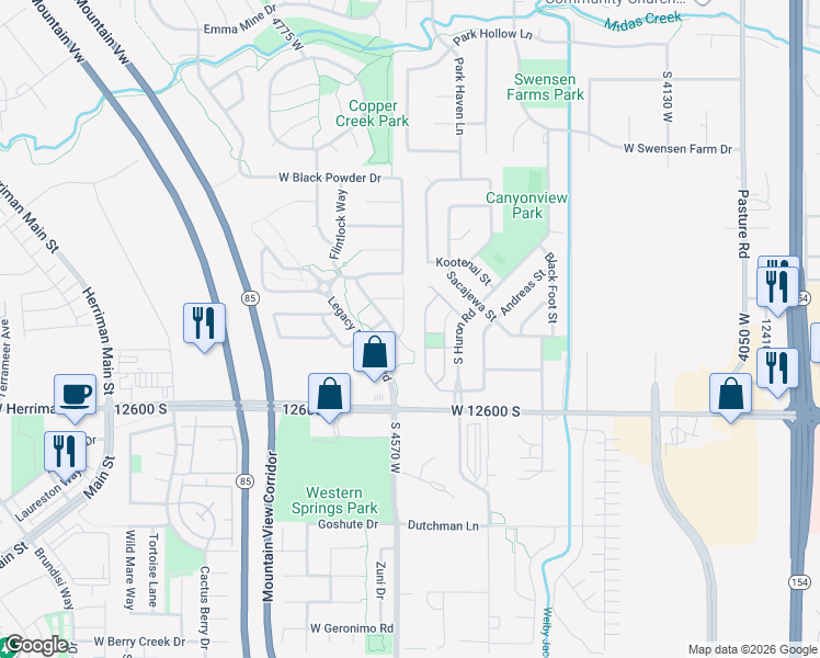map of restaurants, bars, coffee shops, grocery stores, and more near 12467 South Iron Sight Way in Herriman