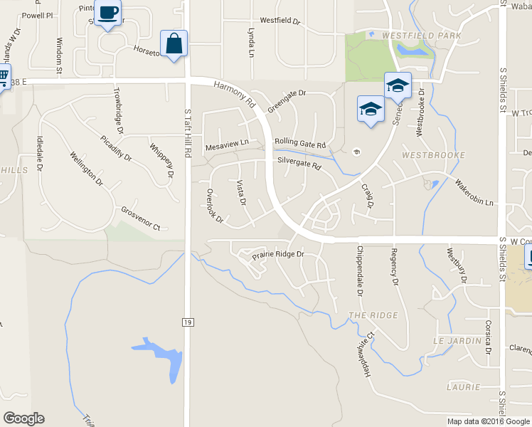 map of restaurants, bars, coffee shops, grocery stores, and more near Overlook Drive in Fort Collins
