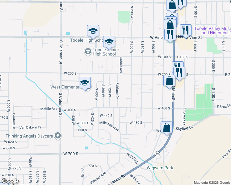 map of restaurants, bars, coffee shops, grocery stores, and more near 324 Fairlane Drive in Tooele