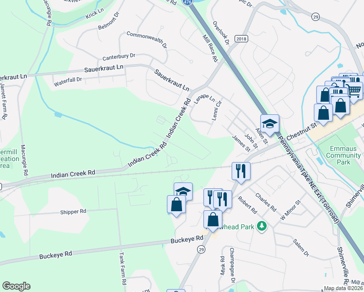 map of restaurants, bars, coffee shops, grocery stores, and more near 3621 Lenape Lane in Emmaus
