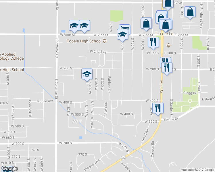 map of restaurants, bars, coffee shops, grocery stores, and more near 324 Fairlane Drive in Tooele