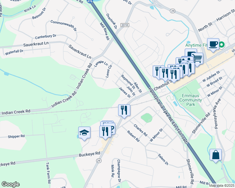 map of restaurants, bars, coffee shops, grocery stores, and more near 3745 James Street in Emmaus