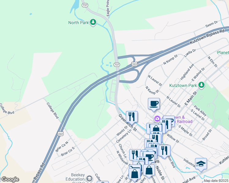 map of restaurants, bars, coffee shops, grocery stores, and more near 441 Krumsville Road in Kutztown