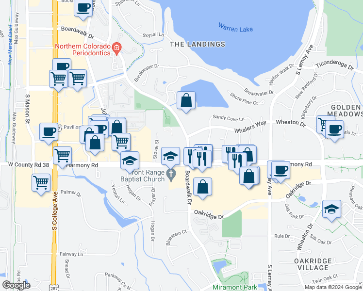 map of restaurants, bars, coffee shops, grocery stores, and more near 4501 East Boardwalk Drive in Fort Collins