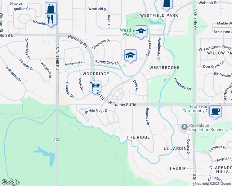 map of restaurants, bars, coffee shops, grocery stores, and more near 4500 Seneca Street in Fort Collins