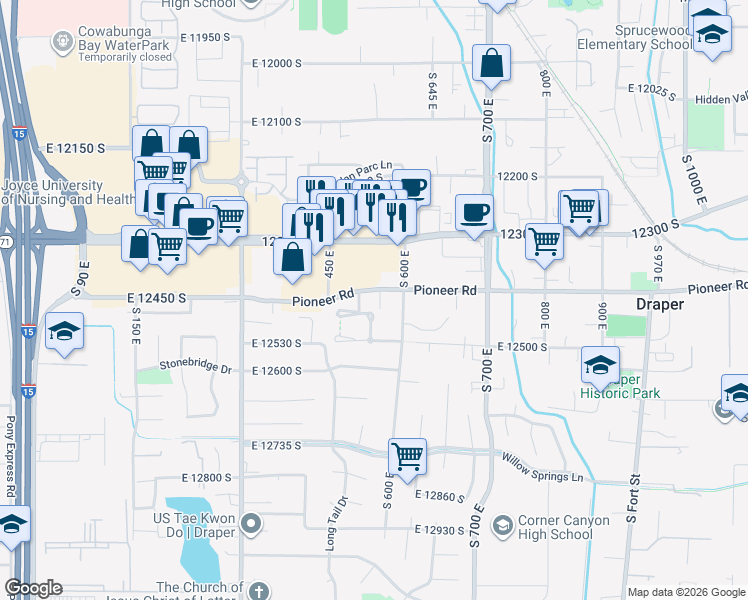 map of restaurants, bars, coffee shops, grocery stores, and more near 527 Pioneer Road in Draper