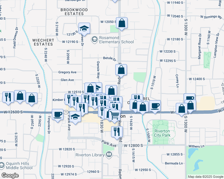 map of restaurants, bars, coffee shops, grocery stores, and more near 1735 West 12410 South in Riverton