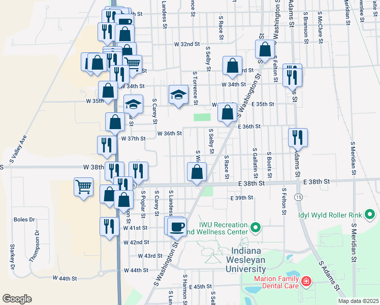 map of restaurants, bars, coffee shops, grocery stores, and more near 3618 South Harmon Street in Marion