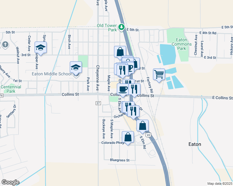 map of restaurants, bars, coffee shops, grocery stores, and more near 2 Elm Avenue in Eaton