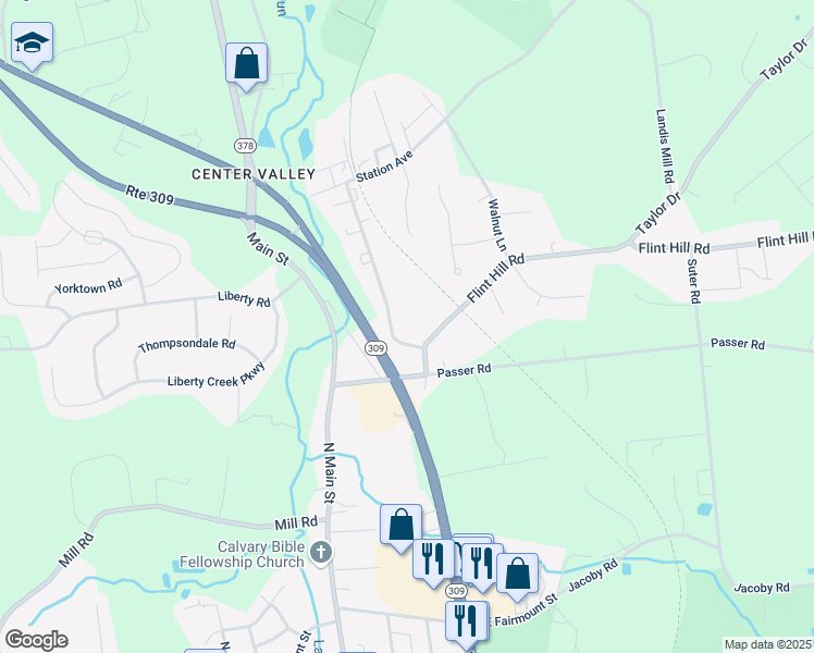 map of restaurants, bars, coffee shops, grocery stores, and more near 3715 Flint Hill Road in Coopersburg