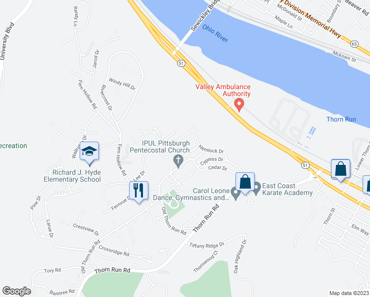 map of restaurants, bars, coffee shops, grocery stores, and more near 177 Juniper Drive in Moon