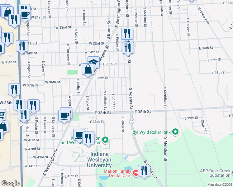 map of restaurants, bars, coffee shops, grocery stores, and more near 3629 South Boots Street in Marion