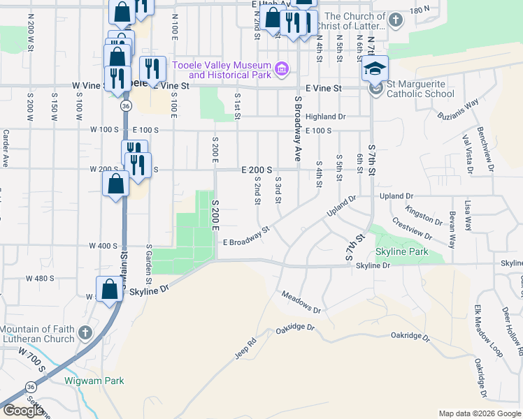 map of restaurants, bars, coffee shops, grocery stores, and more near 295 South 2nd Street in Tooele